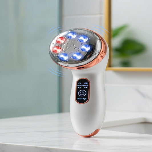 Handheld electronic device with LED lights on a white surface