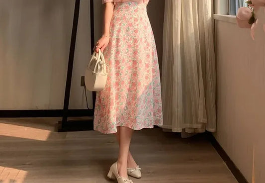 2024 Pink Chiffon Two-Piece Skirt and Top Set