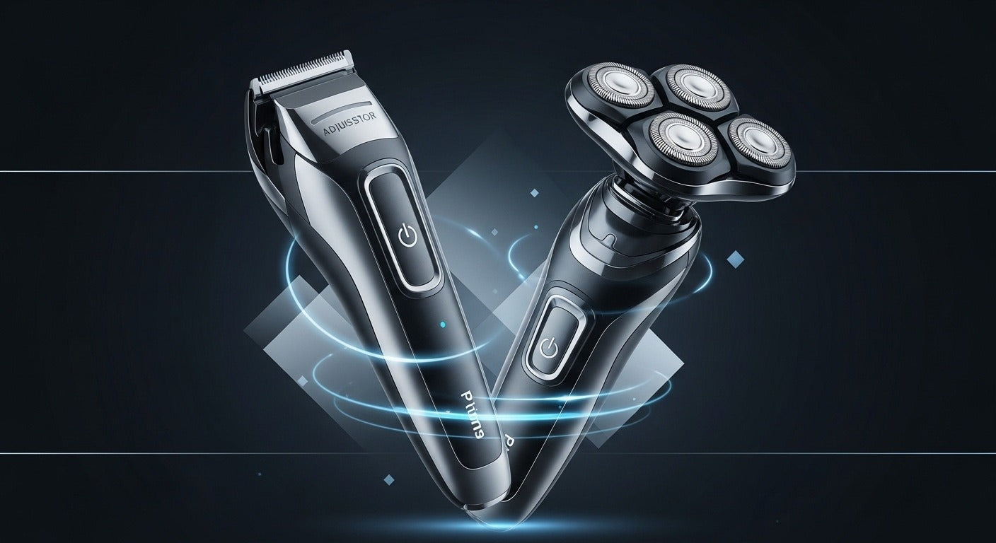 Two electric shavers on a dark background with a glowing effect