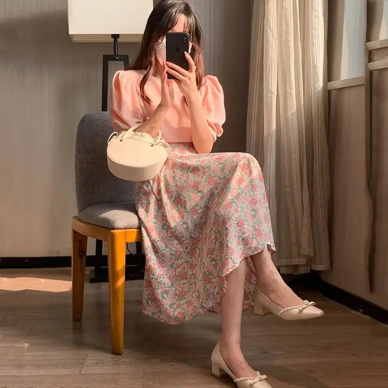 2024 Pink Chiffon Two-Piece Skirt and Top Set