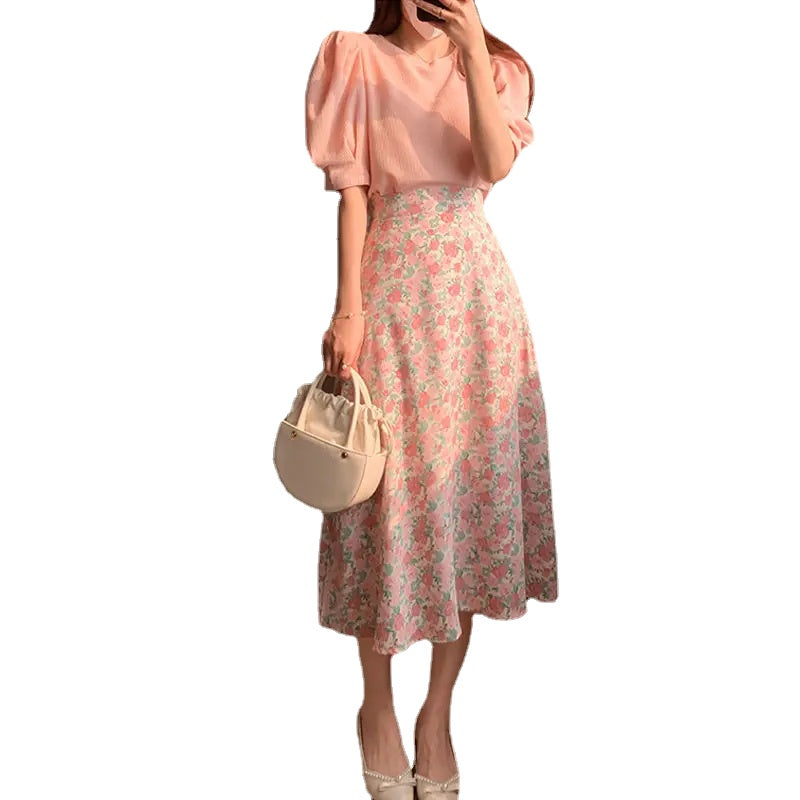 2024 Pink Chiffon Two-Piece Skirt and Top Set