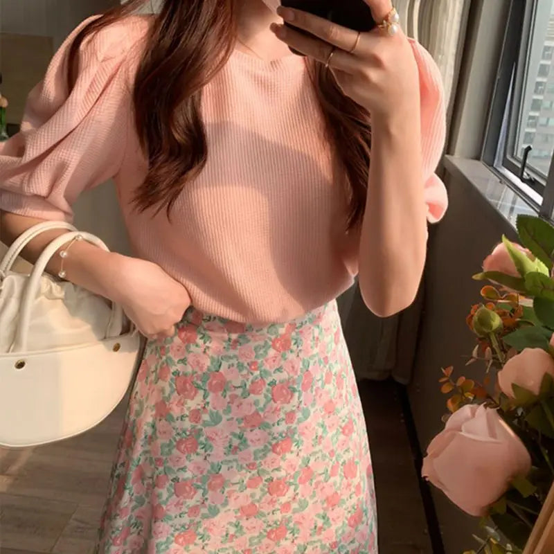 2024 Pink Chiffon Two-Piece Skirt and Top Set